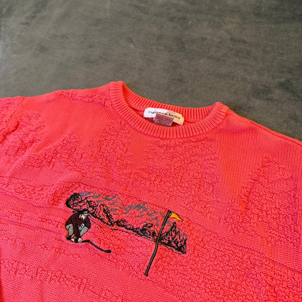 Cypress Links Golf Sweater Mens Medium Pink Embroidered Textured Cotton Vintage